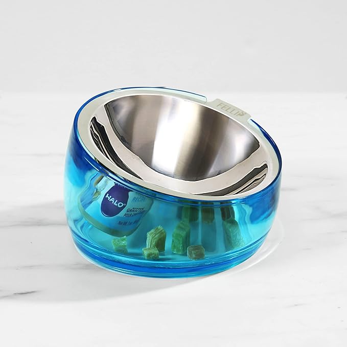Felli Pet Oblik Whisker Fatigue Cat Food Bowl Raised Stainless Steel Shallow Dish Pet Friendly Modern Design, Anti Vomiting Elevated Wide Plate Feeder No Slip Weighted Acrylic Base (0.5Cup, Sapphire) - PAWPICO