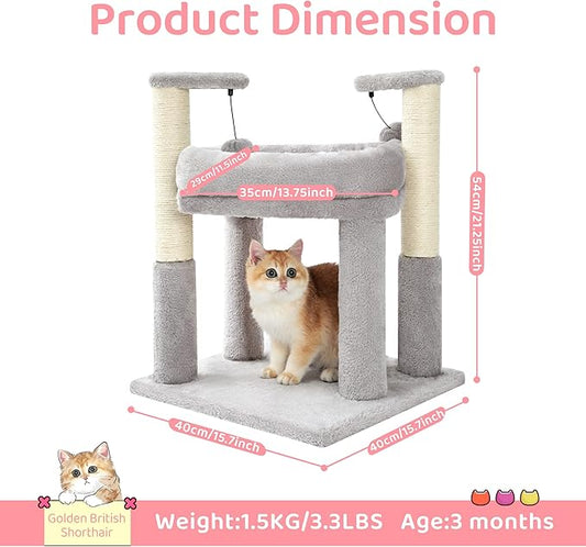 Made4Pets Cat Tree for Indoor Cats, Cat Tower with 2 Natural Sisal Scratching Post for Kitten, Kitty Cat Bed with Pom-pom Dangling Balls, Grey, DIY - PAWPICO
