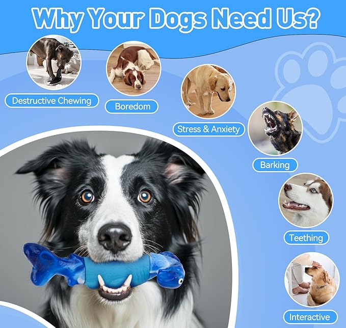 Dog Toys for Aggressive Chewers, Interactive Dog Chew Toys for Large Dogs, Indestructible Squeaky Dog Toys to Keep Them Busy, Tough Dog Toys for Medium/Large Breed Dogs (Deep Blue, Hammerhead Shark) - PAWPICO