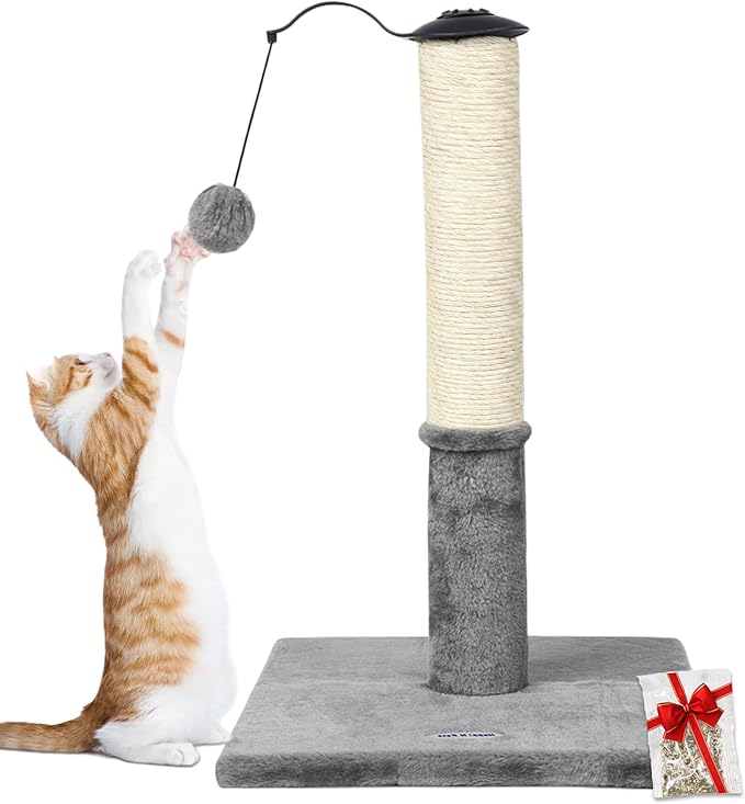 Happi N Pets 22" Cat Scratching Post, Natural Sisal Scratchers Trees for Indoor Cats, Featuring with Rotatable Hanging Balls & Stable Base, Cat Scratch Posts for Kittens-Light Gray - PAWPICO