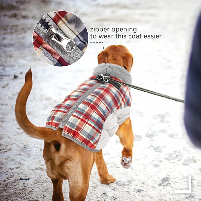 FUAMEY Dog Winter Coat,Dog Jackets with Harness Built in Dog Cold Weather Coats Dog Paded Vest Dog Apparel with Zipper on Back Pet Reflective Clothes for Small Medium Large Dogs Red Plaid XXL - PAWPICO