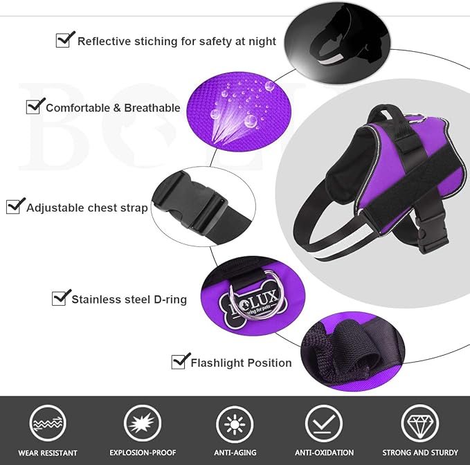 Bolux Dog Harness, No-Pull Reflective Dog Vest, Breathable Adjustable Pet Harness with Handle for Outdoor Walking - No More Pulling, Tugging or Choking (Purple, XL) Bolux