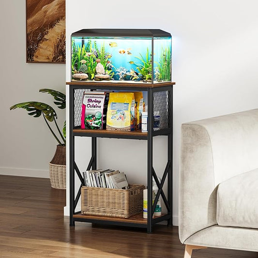 Snughome Fish Tank Stand, 10 Gallon Aquarium Stand with Storage, 3 Tier Heavy Metal Fish Tank Stand Fish Tank Shelf 20.47" x 11.42" x 30.91", Rustic Brown Snughome