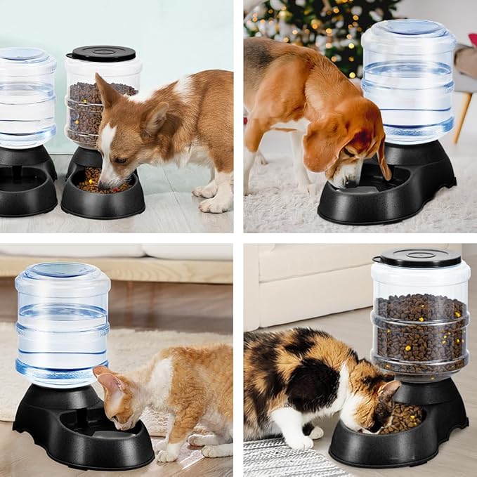 2 Pack Automatic Cat Feeder and Water Dispenser in Set Pet Food Bowl for Small Medium Dog Pets Puppy Kitten Big Capacity 1 Gallon x 2 (Dark Black) - PAWPICO