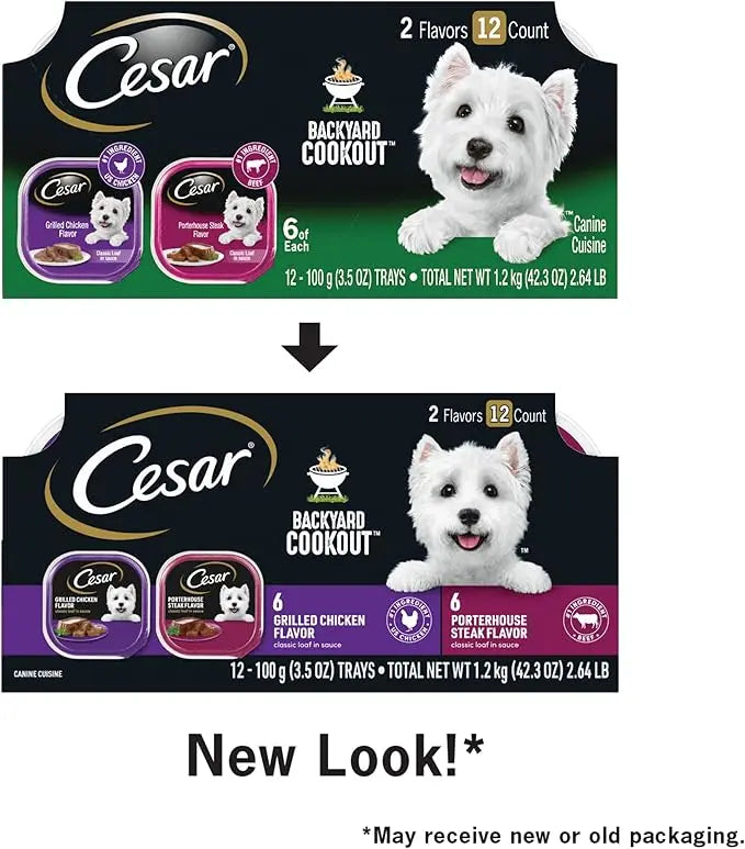 CESAR BACKYARD COOKOUT Adult Wet Dog Food Classic Loaf in Sauce Variety Pack, Grilled Chicken and Porterhouse Steak Flavors, (12) 3.5 oz. Easy Peel Trays - PAWPICO