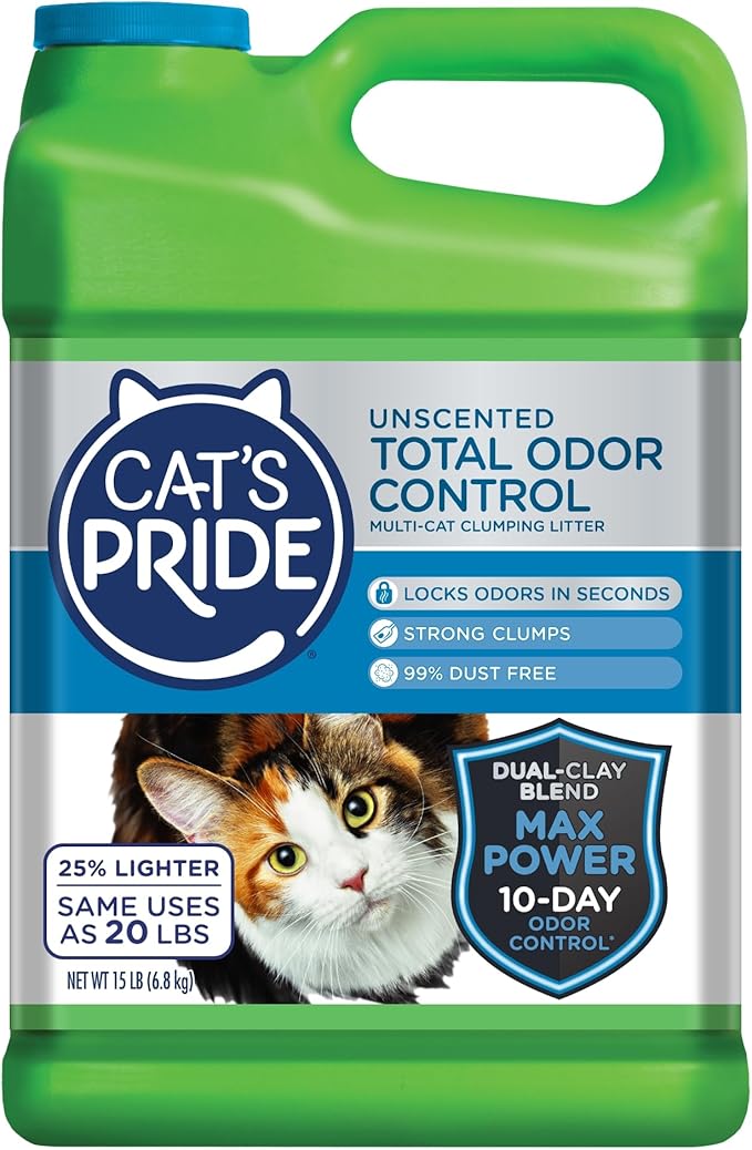 Cat's Pride Max Power: Total Odor Control - Up to 10 Days of Powerful Odor Control - Strong Clumping - Hypoallergenic - 99% Dust Free - Multi-Cat Litter, Unscented, 15 Pounds - PAWPICO