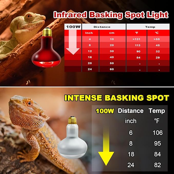 MIXJOY 100W Reptile Heat Lamp Bulb Combo, 2PCS Day & Night Reptile Heat Bulbs, UVA Daylight Intense Heat Basking Bulb Infrared Heat Light Bulb for Reptiles, Lizard, Tortoise, Bearded Dragon Chickens MIXJOY