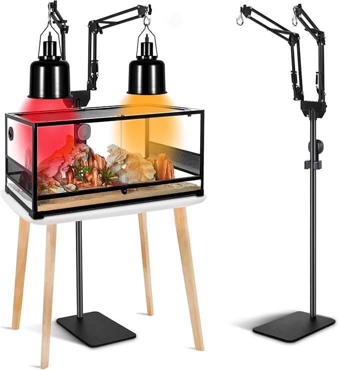 Dual Reptile Lamp Stand Reptile Heat Lamp Stand, Adjustable Reptile Light Stand (15.7-74.3inch) with 360°Swing Arm and Anti-tip Clip,Reptile Lamp Holder for Reptile Tank and Amphibians Cage PAWPICO
