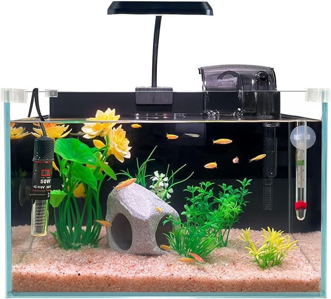 3.4-Gallon Ultra-Clear Low-Iron Betta Fish Tank Kit with Waterfall Filter, Full-Spectrum LED Light, Heater, Hideaway, Plants, Thermometer, and pH Test WelcometoCICKSEED