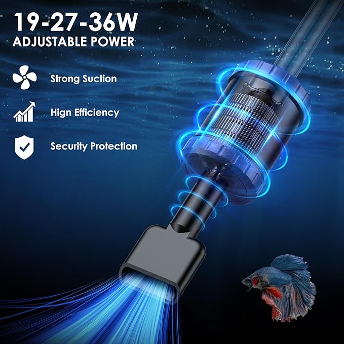 Electric Aquarium Vacuum Gravel Cleaner: 36W Fish Tank Cleaner Vacuum with Strong Suction for Water Change Wash Sand Algae Cleaner Water Shower and Water Circulation, Timed Off Suness