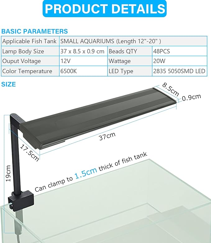 Zingbabu Aquarium Light, 12-20" 20W Full Spectrum LED Clip On Fish Tank Light, 270° Rotation Fish Lamp, Exclusive for 2-15 Gallon Fish Tanks, Freshwater Aquarium Lights for Plants ProfessionalPhotographyLight