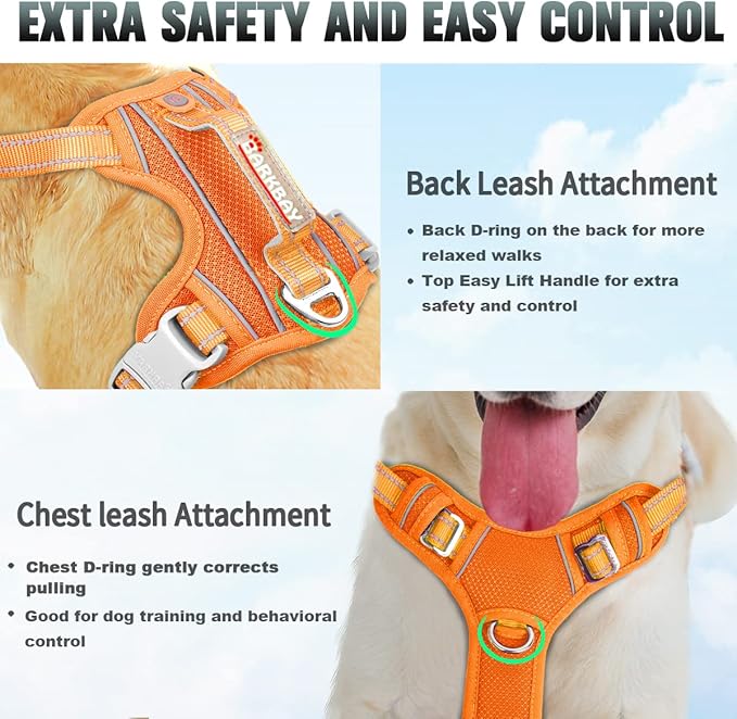 BARKBAY No Pull Dog Harness Large Reflective Dog Harness with Front Clip and Easy Control Handle for Walking Training Running with ID tag Pocket(Orange,L) BARKBAY