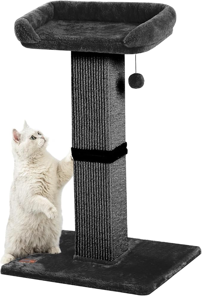32" Cat Scratching Post for Indoor Cats, Sisal Cat Scratcher with Plush Perch, Large Scratch Post with Bed, Removable Cover, Sisal Fabric,Black - PAWPICO