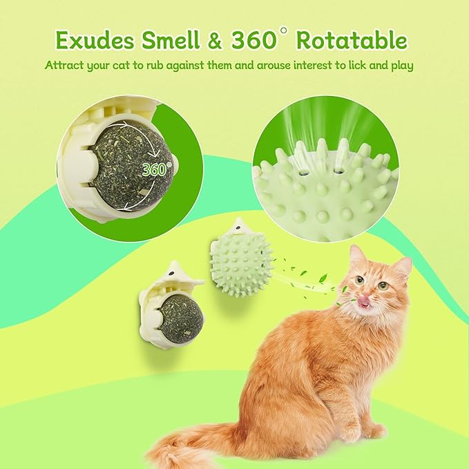 SEVENKA 2 PCS Catnip Toys Self-Grooming Cat Brush with Catnip Ball & Gall Fruit, Kitty Kitten Scratcher Self Groomer Cat Toys for Indoor Cats Lick, Chew Toys Corner Brushes Edible Wall Treats - PAWPICO