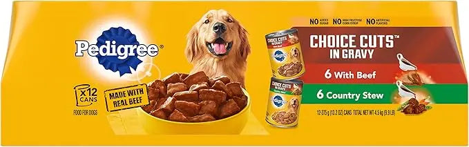 PEDIGREE CHOICE CUTS IN GRAVY Adult Canned Soft Wet Dog Food Variety Pack, with Beef and Country Stew, 13.2 oz. Cans (Pack of 12) - PAWPICO