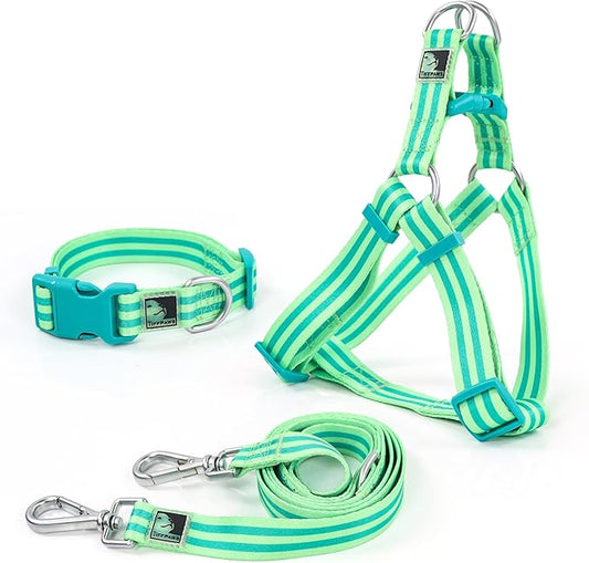 Striped Dog Harness Collar and Leash Set, Polyester Webbing Dog Collar Easy Walking and Training Dog Harness and Leash 3-in-1 Suit Adjustable Dog Harness Collar Leash Set for Dogs(Green, S) Tiffpaws