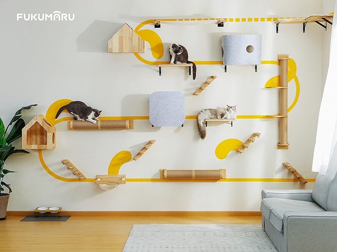 FUKUMARU Cat Scratching Post, 35 x 4.5 Inch Cat Wall Furniture, Rubber Wood Wall Mounted Cat Scratcher Posts for Large Cats, Thicker Columns for Multi-Functions - PAWPICO