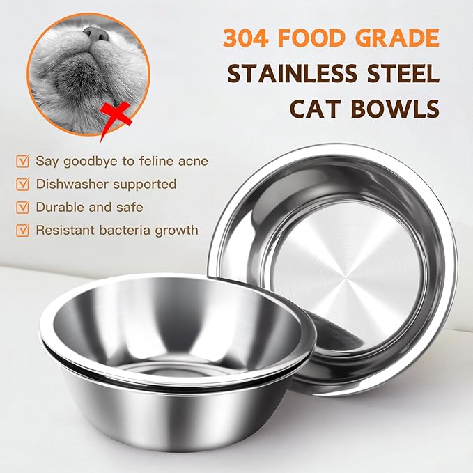 Elevated Cat Food Bowl, 3 Stainless Steel Raised Cat Bowls with Stand, 15°Tilted Cat Bowl for Indoor Cats, Cat Food and Water Bowl Set, Anti Vomitting, Whisker Fatigue and Dishwasher Safe - Natural - PAWPICO
