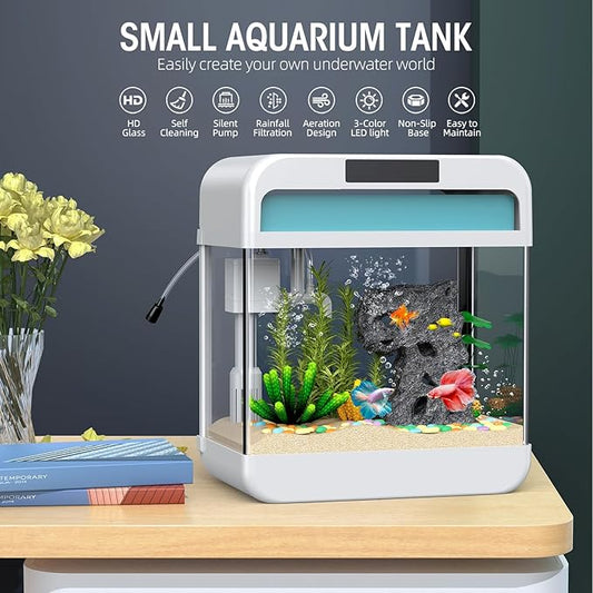 Fish Tank Aquarium 2.2 Gallon Fish Bowl with Adjustable 3 Color Lighting 3 in 1 Pump with Filteration, Oxygenation, Water Circulation Triple Function, HD Float Glass, Leak-Proof Thickened Base Focusonhomelifeandhealth
