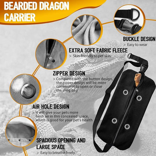 WATFOON Adjustable Lizard Leather Leash Harness and Bearded Dragon Carrier Sling, Reptile Small Pet Training Leashes and Beardie Snuggle Sling Bag for Outdoor Travel(Zipper XL Black Sling) WATFOONpets