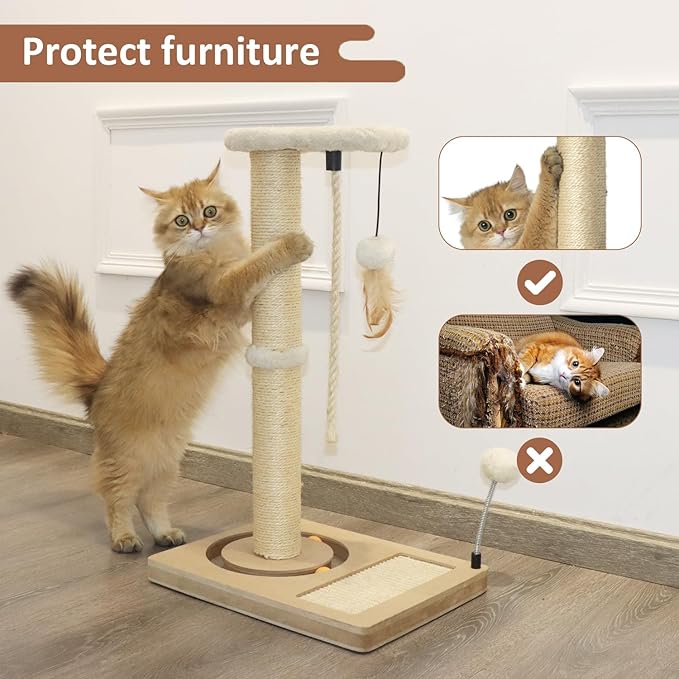 PAWSFANS Cat Scratching Post,Sisal Scratch Posts with Track Ball Feather Toy for Indoor Cats and Kittens,25" Tall Beige - PAWPICO