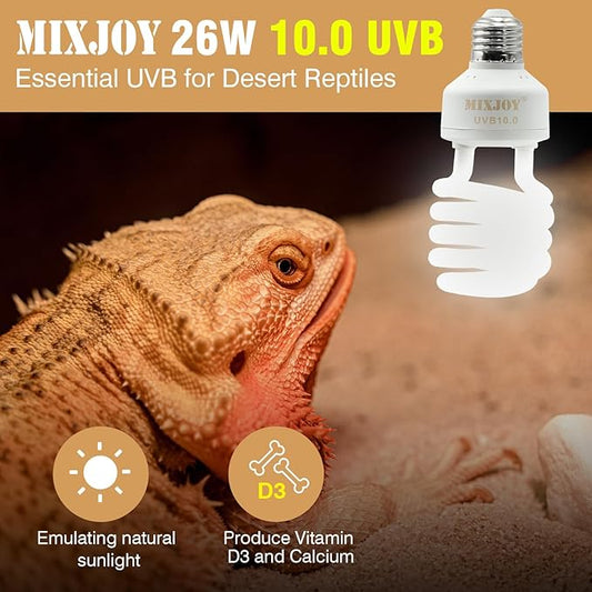 MIXJOY UVB Bulbs for Reptiles 10.0, 26W Desert UVA UVB Light, Compact Fluorescent UVB Lamp for Reptiles, UVB Light for Bearded Dragon, Tortoise, and Other Lizards MIXJOY