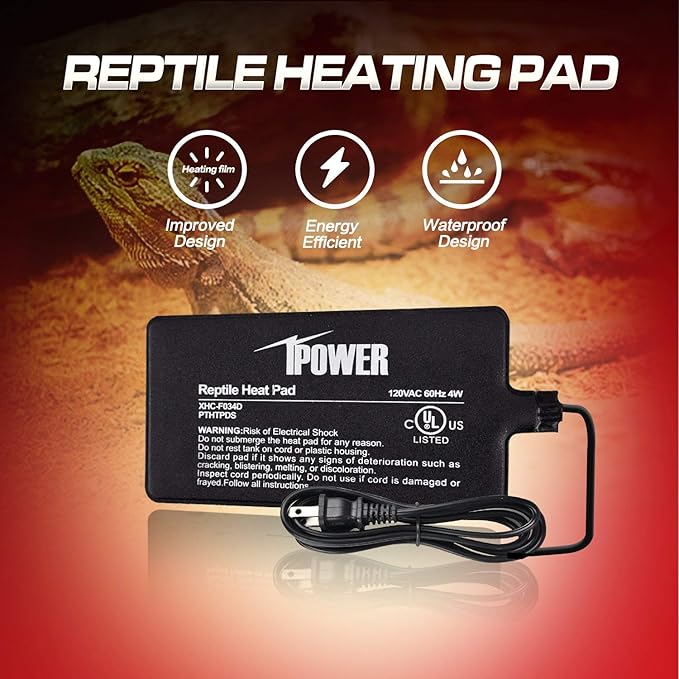 iPower Reptile Heat Pad Under Tank Terrarium Warmer Heating Mat for Turtle, Lizard, Frog, Snake, Reptile, and Other Small Animals, 4X7 Inch, 4W iPower