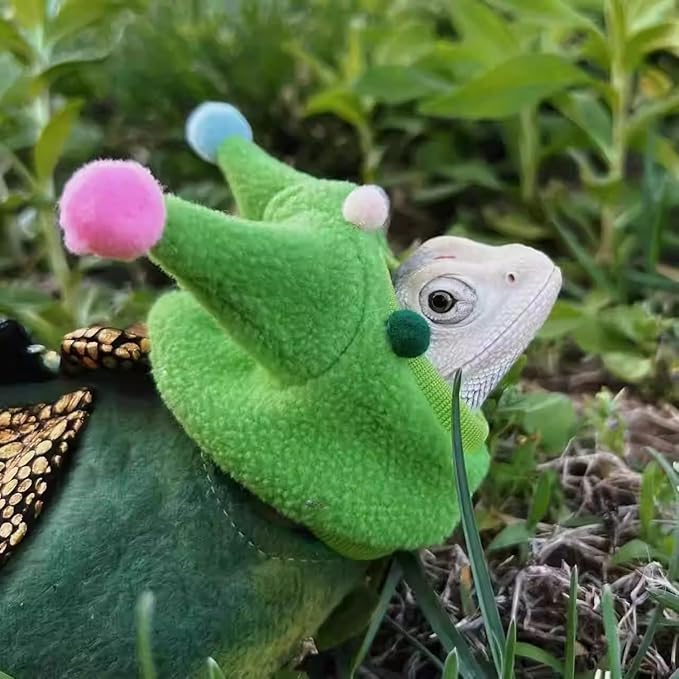 Bearded Dragon Hat - Winter Warm Lizard Cap with Horns & Pom Pom Ball Fun Halloween Outfit Bull Costume Elastic Headwear Accessories Anxiety Relief Ear Muffs for Reptile Fancy Rat Ferret (Green) SEZDEKI