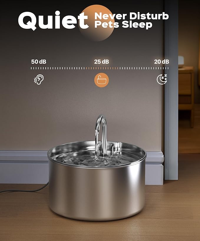 Stainless Steel Cat Water Fountain: Pet Fountains Indoor Metal Automatic Dispenser Cat Waterer Bowls Dog Faucet Bottle Pets 24/7 Running Watering for Drinking Quiet Pump with 1 Filter - PAWPICO