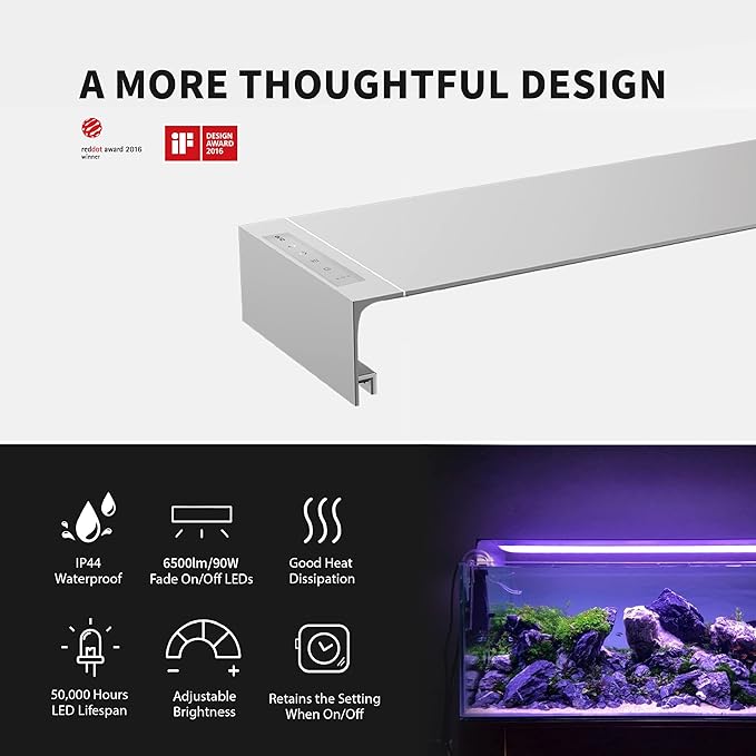 ONF Flat One+ 36-inch 24/7 Automated LED Aquarium Light, 6500-20500K Blue White LED, Mobile APP Remote Controlled, Dimmable Full Spectrum Sunrise/Sunset for Plant Growth, Hood Style for Fish Tank ONF