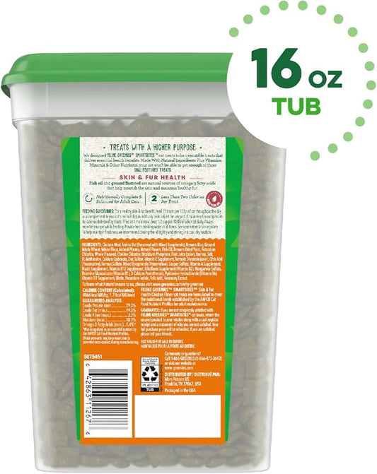 FELINE GREENIES SMARTBITES Skin & Fur Health Crunchy and Soft Textured Adult Natural Cat Treats, Chicken Flavor, 16 oz. Tub GREENIES