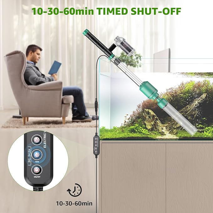 24W Fish Tank Vacuum Gravel Cleaner: Electric Aquarium Vacuum Cleaner with Strong Suction for Automatic Water Change, Remove Dirt Sand Wash Water Shower and Water Circulation, Timed Off Suness