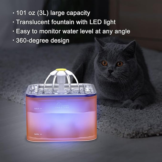Crystal Cat Water Fountain Stainless Steel, 101oz/3L Pet Fountain with LED Light for Cats and Dogs (Orange) - PAWPICO
