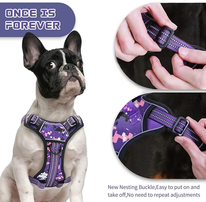 No Pull Dog Harness for Medium Dogs, Adjustable No Choke Pet Vest with Dog Leash Fit Smart Reflective Pet Walking Harness for Training Easy Control Soft Handle Purple Camo M BUMBIN