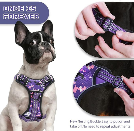 No Pull Dog Harness for Medium Dogs, Adjustable No Choke Pet Vest with Dog Leash Fit Smart Reflective Pet Walking Harness for Training Easy Control Soft Handle Purple Camo M BUMBIN
