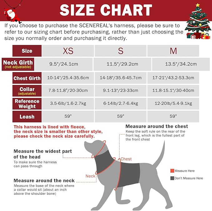 SCENEREAL Small Dog Harness Collar and Leash Set, Warm Fleece No Pull Puppy Vest Harness, Christmas Dog Outfit No Chock Adjustible Step in Pet Halter for Outdoor Walking Training, Red Plaid XS - PAWPICO