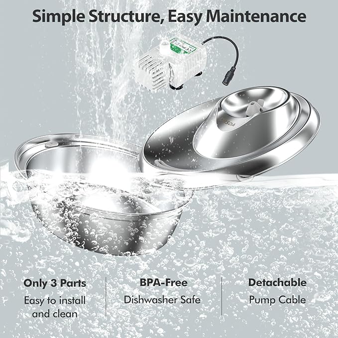ORSDA Cat Water Fountain Stainless Steel, 2L/67oz Pet Fountain for Cats Inside, Automatic Dog Drinking Dispenser Cat Feeding & Watering Supplies with 2 Filter - PAWPICO
