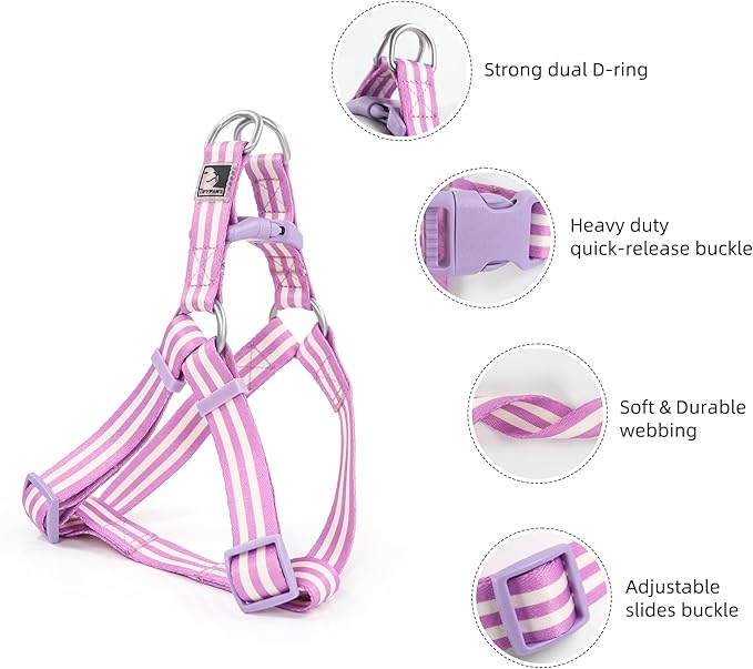 Striped Dog Harness Collar and Leash Set, Polyester Webbing Dog Collar Easy Walking and Training Dog Harness and Leash 3-in-1 Suit Adjustable Dog Harness Collar Leash Set for Dogs(Purple, M) Tiffpaws