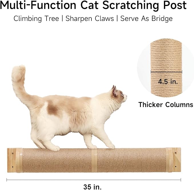 FUKUMARU Cat Scratching Post, 35 x 4.5 Inch Cat Wall Furniture, Rubber Wood Wall Mounted Cat Scratcher Posts for Large Cats, Thicker Columns for Multi-Functions - PAWPICO