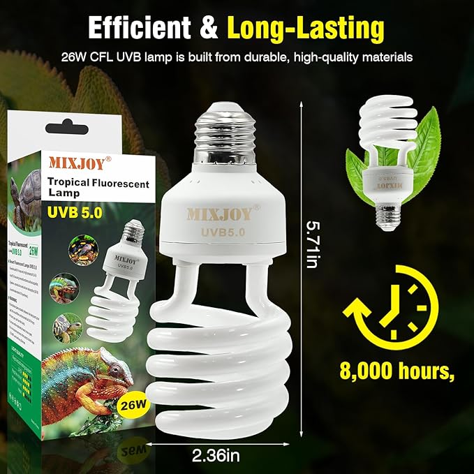 MIXJOY UVB Bulbs for Reptiles 5.0, 26W Tropical UVA UVB Light, Compact Fluorescent UVB Lamp for Reptiles, UVB Light for Chameleons,Turtles and Other Lizards MIXJOY