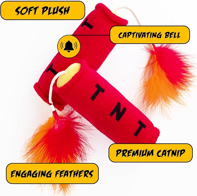 Cat Toys TNT, Cat Toys for Indoor Cats, Kitten Toys, Catnip Toys for Cats of All Breeds with Dangle Feathers and Jingle Sound - Kicking, Biting, Chewing - PAWPICO