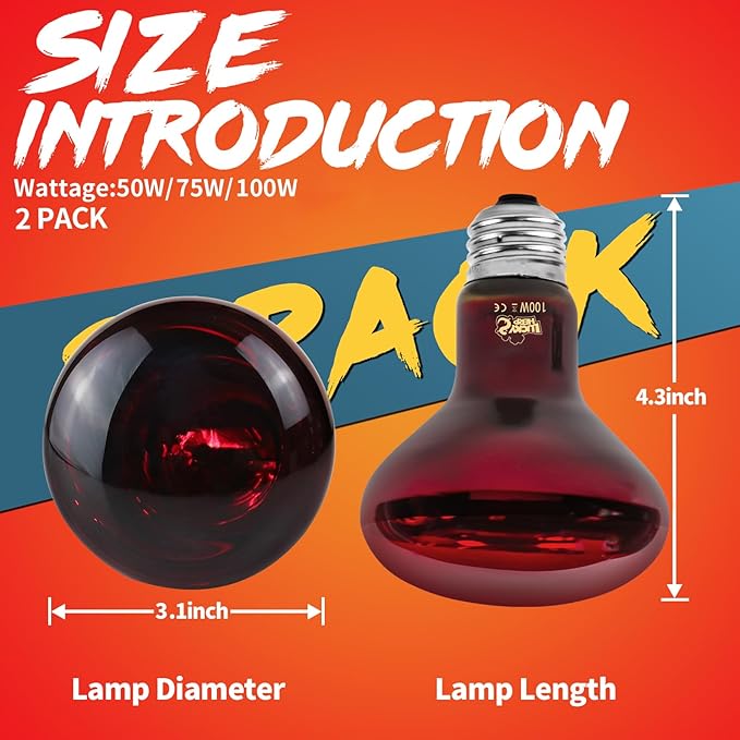 LUCKY HERP Infrared Heat Lamp 100W 2 Pack,Reptile & Amphibian Basking Spot Light Bulbs, Red Heat Lamp Bulbs for Reptiles, Bearded Dragon, Turtle, Lizard, Snake, Chicken LUCKYHERP