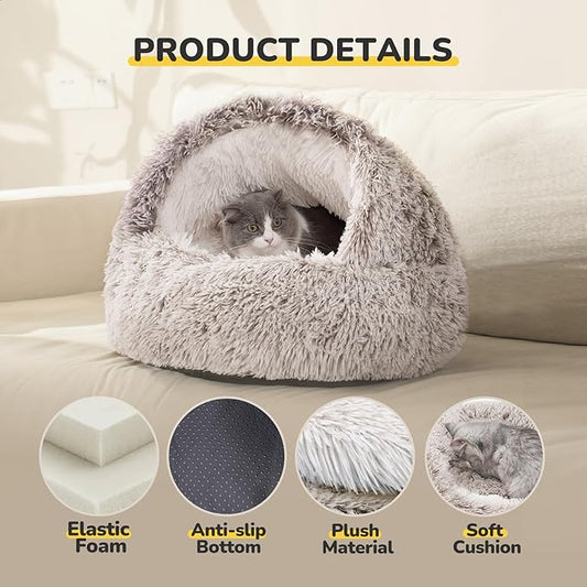 CATISM Cat Bed, Plush Hooded Cat Beds for Indoor Cats, Calming Cat Nest, Self Warming Cat Bed Cave, Cozy Cat Pod for Indoor Cat or Small Dog, Removable Washable Cat Cove with Non-Slip Bottom - PAWPICO