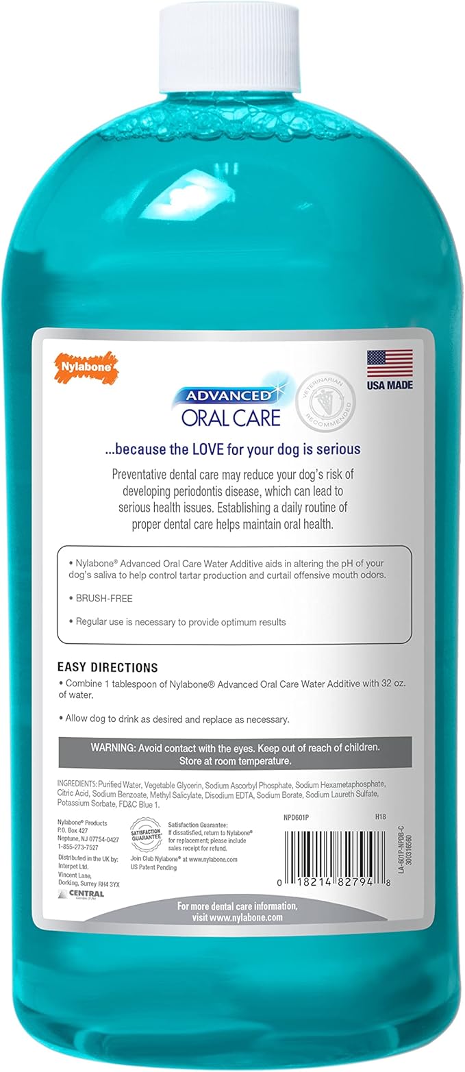 Nylabone Advanced Oral Care Dog Water Additive for Dental Care - Liquid Tartar Remover - Dog Breath Freshener & Teeth-Cleaning Liquid (32 oz.) Nylabone