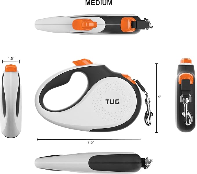 TUG 360° Tangle-Free Retractable Dog Leash with Anti-Slip Handle | 16 ft Strong Nylon Tape | One-Handed Brake, Pause, Lock (Medium, White/Orange) TUG
