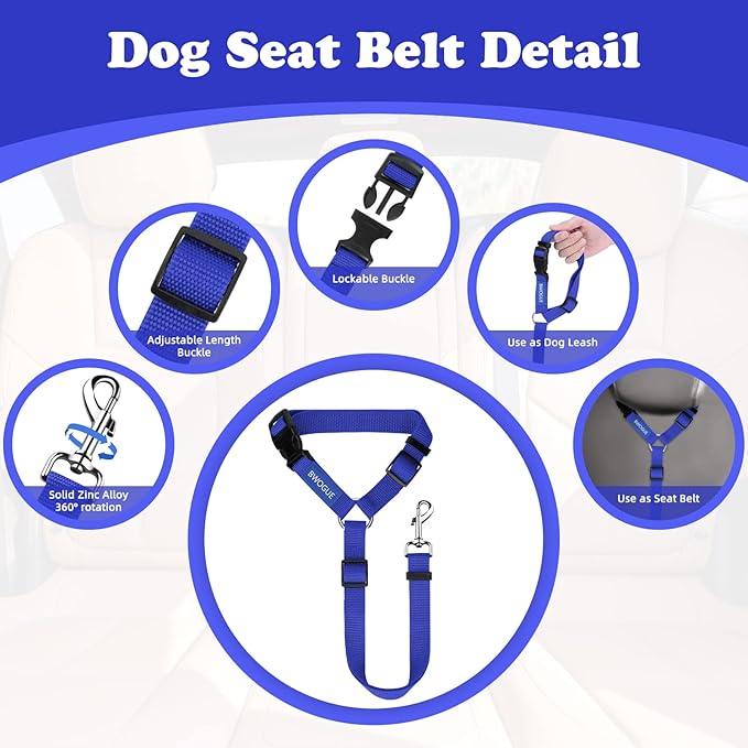 BWOGUE 2 Packs Dog Cat Safety Seat Belt Strap Car Headrest Restraint Adjustable Nylon Fabric Dog Restraints Vehicle Seatbelts Harness Dark Blue BWOGUEPetHome
