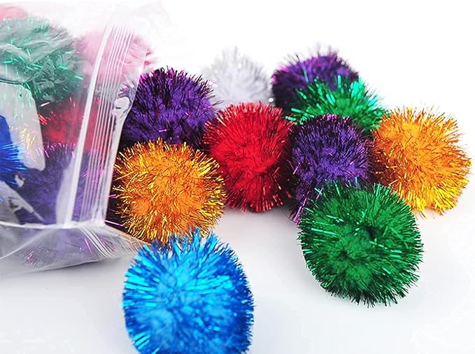 20 Pcs Assorted Color Flash Ball Cat's Favorite Toy Ball Tinsel Pom Poms Flash. - PAWPICO