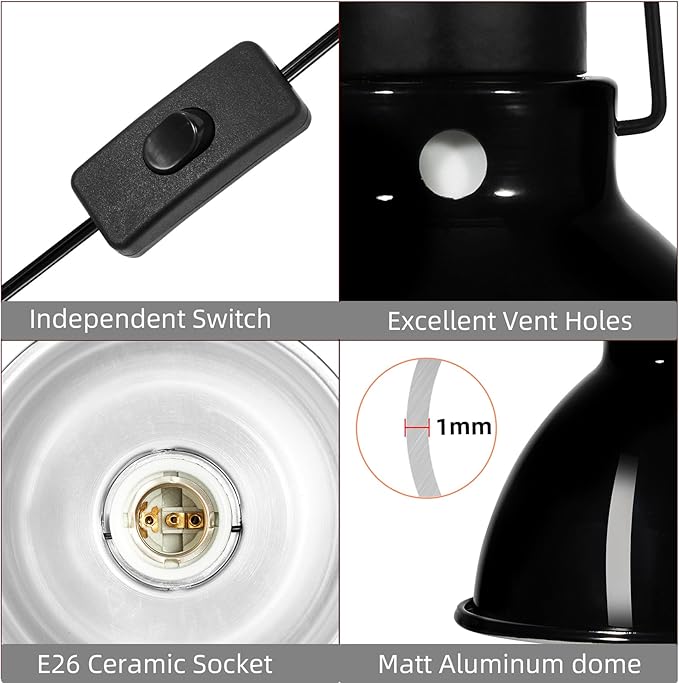 5.5inch Shallow Dome Reptile Light Fixture Reptile Heat Lamp Terrarium Reptile UVB Light Fixture for Bearded Dragon, Lizard, Hermit Crab, Turtle Tank and Vivarium(Max 100W) DXOPHIEX
