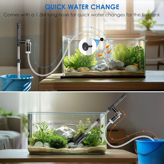 36W Fish Tank Vacuum Gravel Cleaner Electric: Aquarium Vacuum Gravel Cleaner with Strong Suction for Automatic Water Change Algae Cleaner Sand Wash Water Circulation and Water Shower, Timed Off Suness