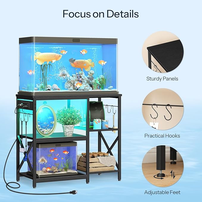 HOOBRO 20-29-37 Gallon Fish Tank Stand with Power Outlets and LED Light, Aquarium Stand with Storage Shelves, 35.4" L x 15.7" W, Reptile Tank Stand with Stable Metal Frame, Black BK80UDFT01 HOOBRO